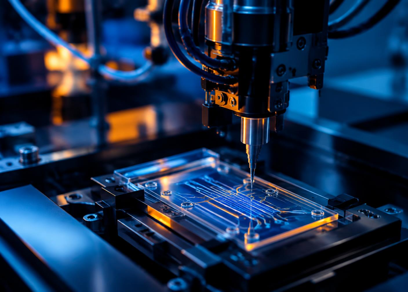 Laboratory robotic arm working on a microfluidic research chip